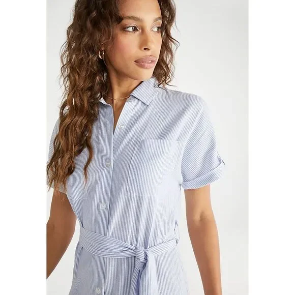 Justfab Striped Linen Blend Shirt Dress Sz XXL Blue White Button-Front Waist Tie - Picture 3 of 9